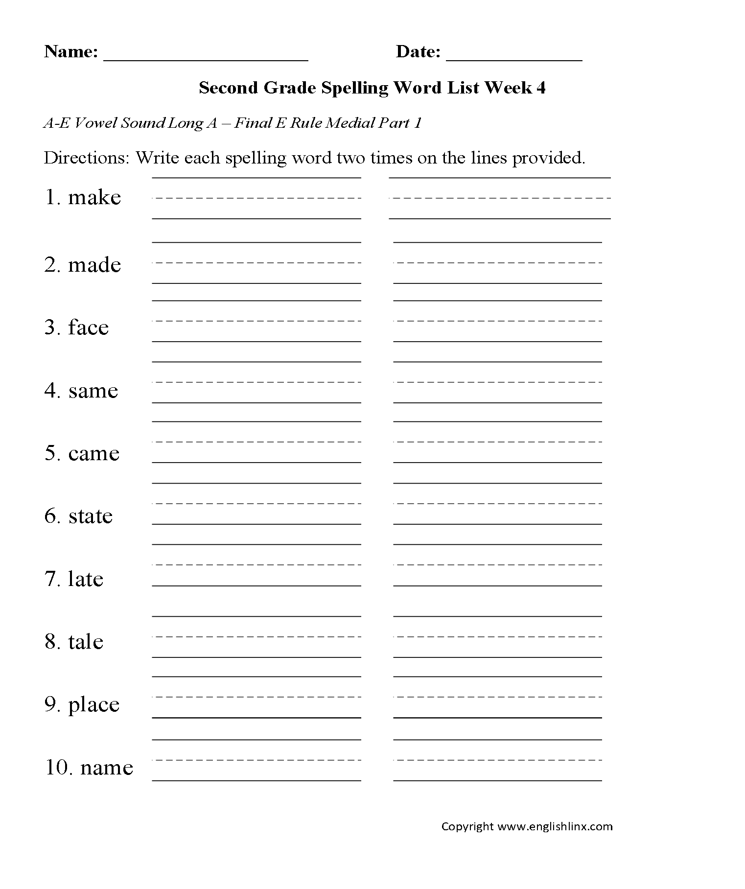 Week 4 AE Vowel Final Medial 1 Second Grade Spelling Words Worksheets